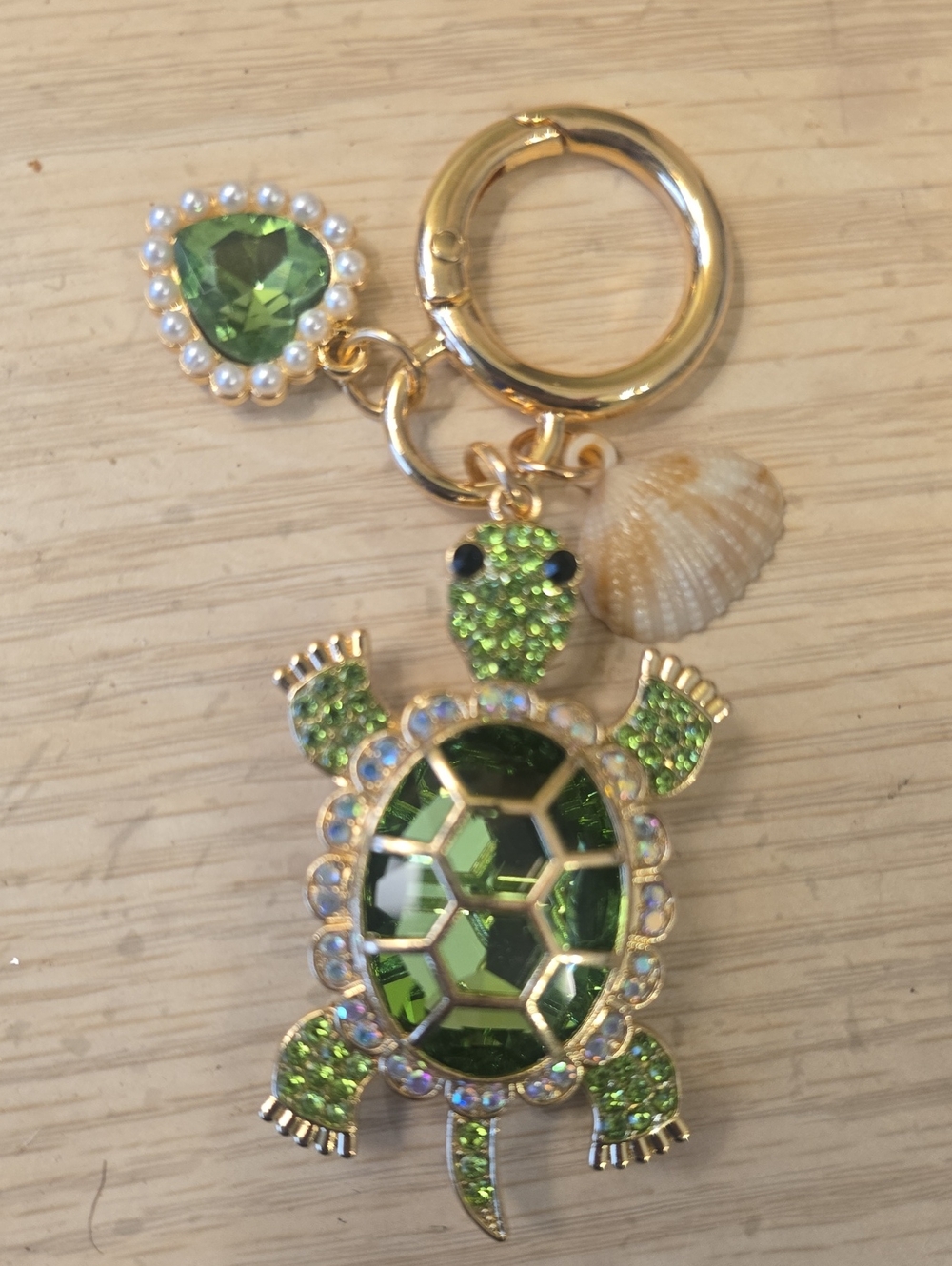 Gold-Tone Green Crystal Turtle Pendant Keyring, Bag Charm - New